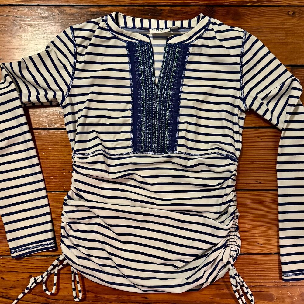 Cabana Life Navy/ White striped Athletic/ Swim Shirt